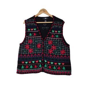 VTG Segue Holiday Sweater Vest XL Black Red Christmas Tree Cottagecore